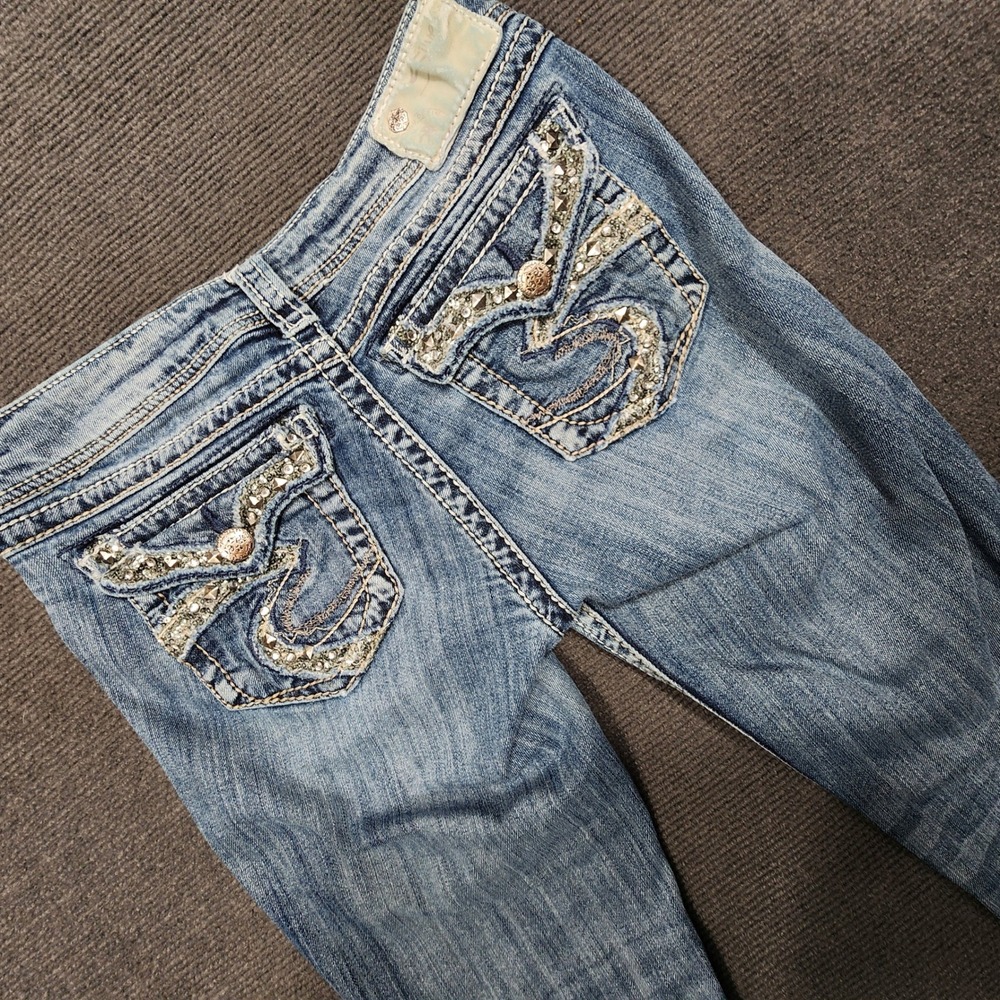 Silver‎ Jeans Co. Suki Flap Women 28x33 Blue Embellished Pocket Bootcut Jeans